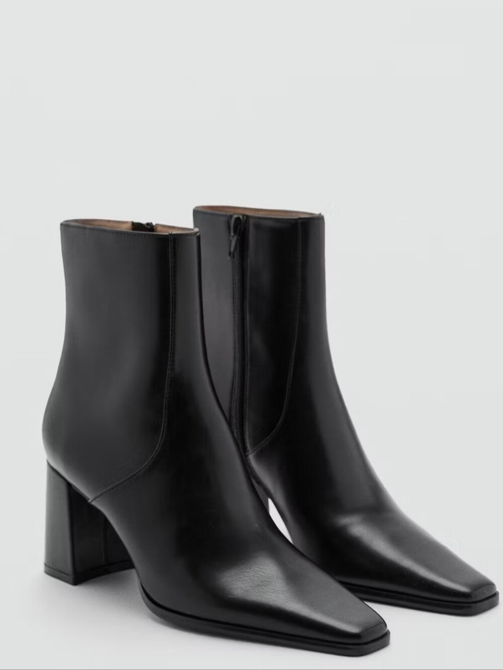 Mango Black Leather Square-Toe Block Heel Ankle Boots